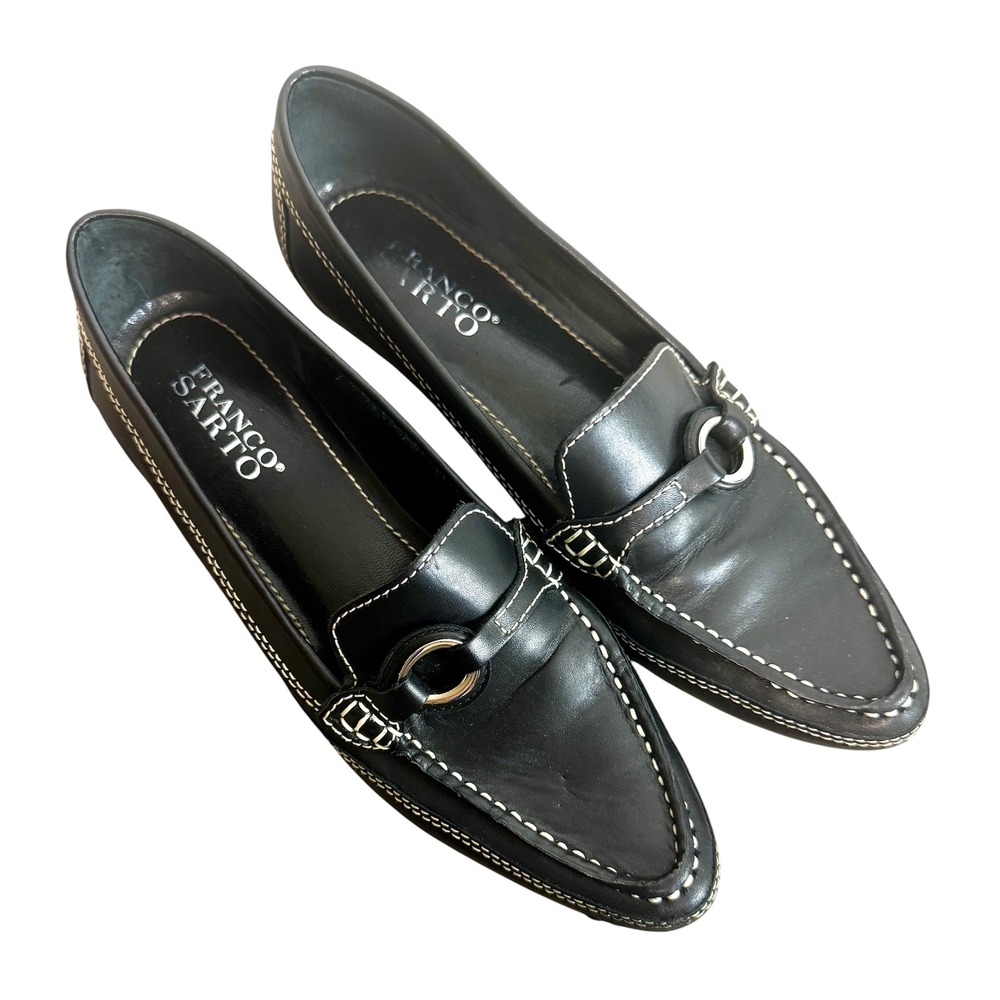Franco Sarto Black Leather Pointed Toe Loafers Contrast Stitching Silver Bit 7